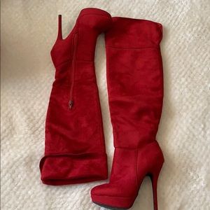 Knee high suede heel booties